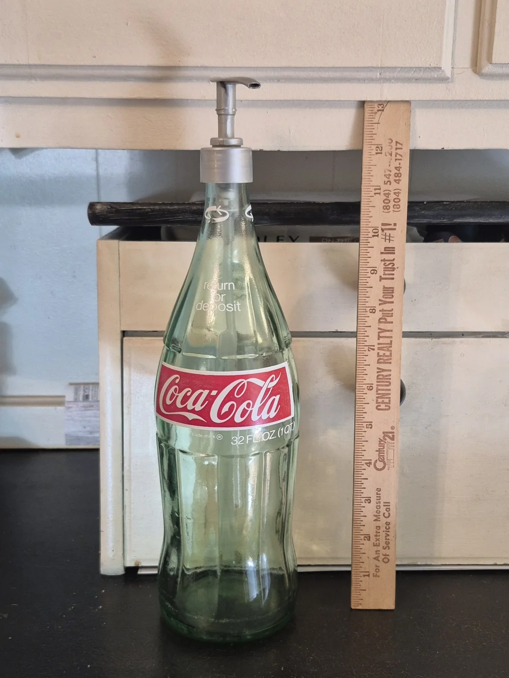 Coke Glass Bottle Soap Dispenser - Green Glass with Red Label